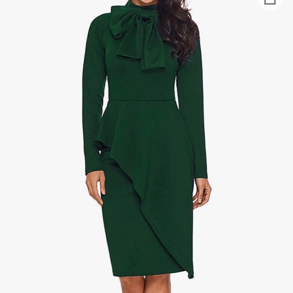 Woman’s Tie Neck Peplum High Waist Long Sleeve Bodycon Dress | forest green |